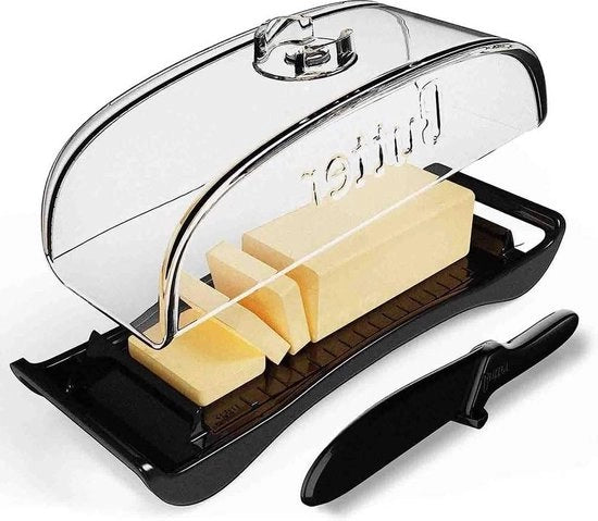 Botelliera con coperchio, coltello e coperchio BPA-free in plastica - contenitore per burro per il piano di lavoro con maniglie - resistente a lavastoviglie e congelatore - ideale per burro - nero