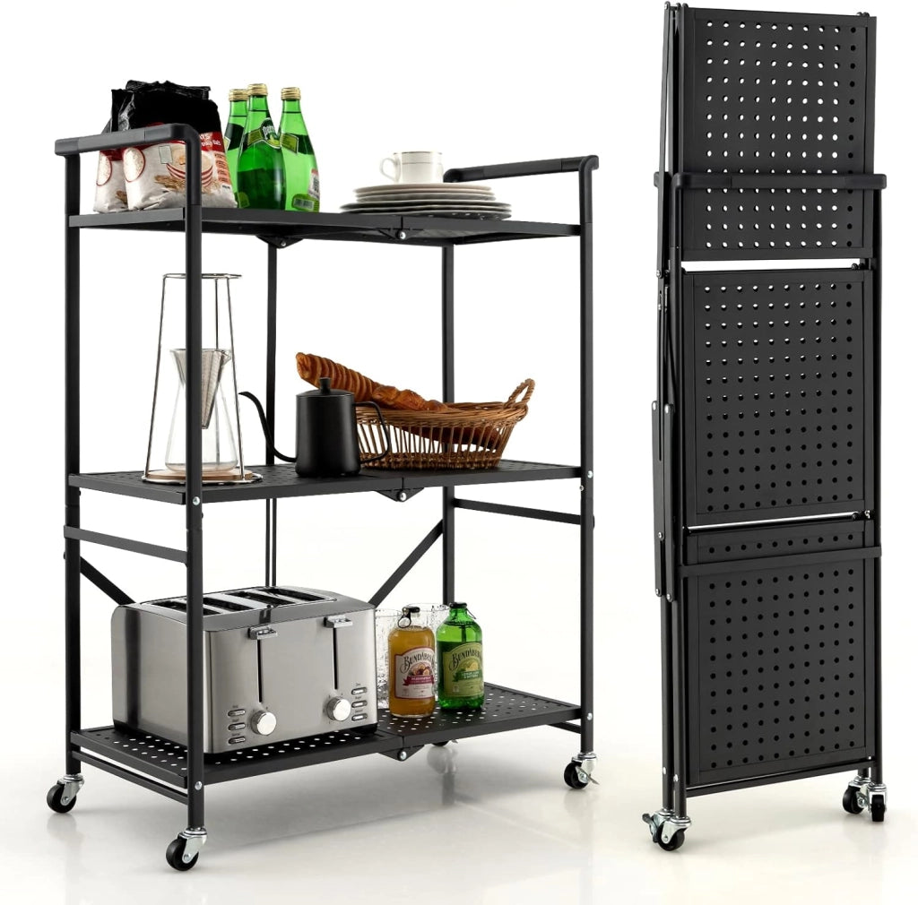 Carrello Portaoggetto Pieghevole, Scaffali con Ruote Bloccabili 3 Ripiani e Maniglie, Carrello con Ruote Portatutto per Cucina Soggiorno Corridoio