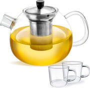 Teiera in Vetro con Infusore - 1500 Ml Capacità - Filtro in Acciaio Inossidabile e Filtro a Tappo - Vetro Borosilicato Resistente al Calore - Incluso: 2 Tazze da Tè in Vetro
