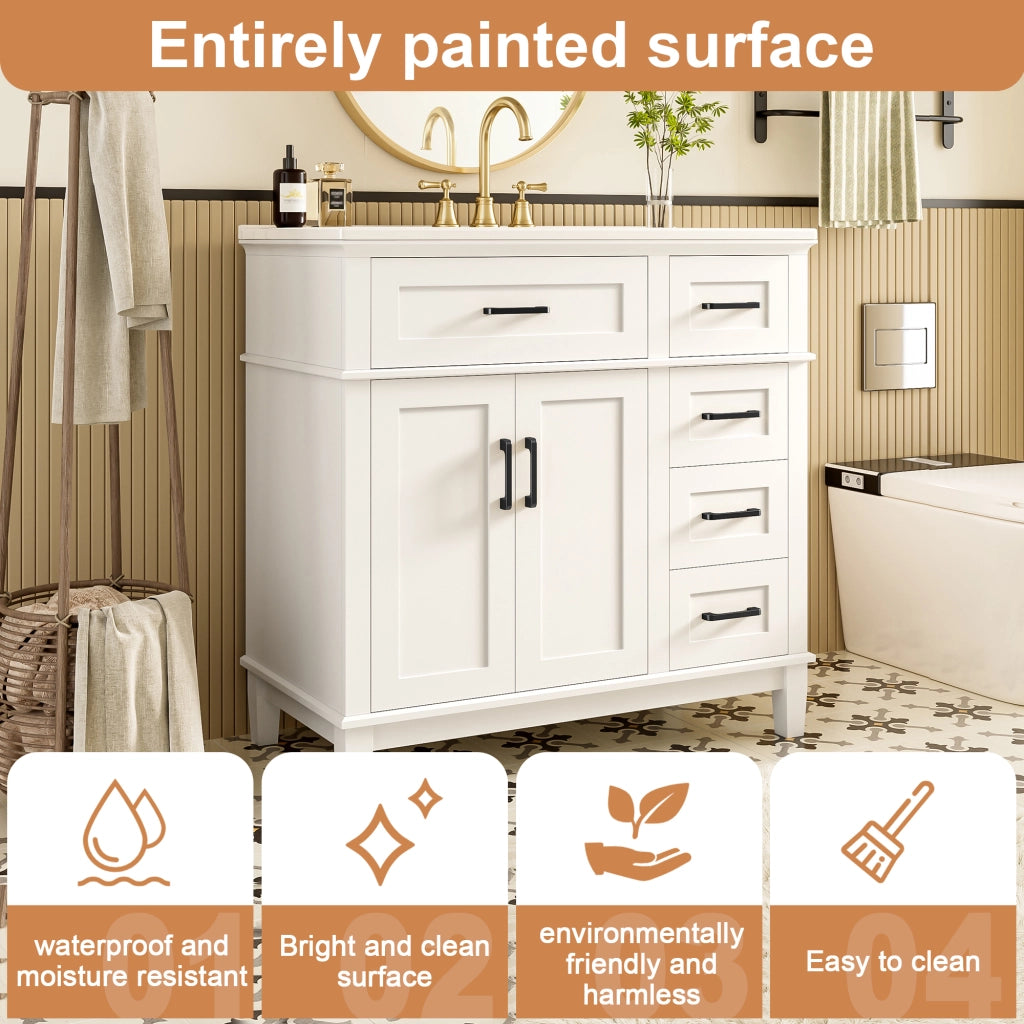 Mobile sottolavabo con lavabo in ceramica, 1 ribalta, 4 cassetti e doppia anta, per bagno, bianco, 90 × 46 × 87 cm