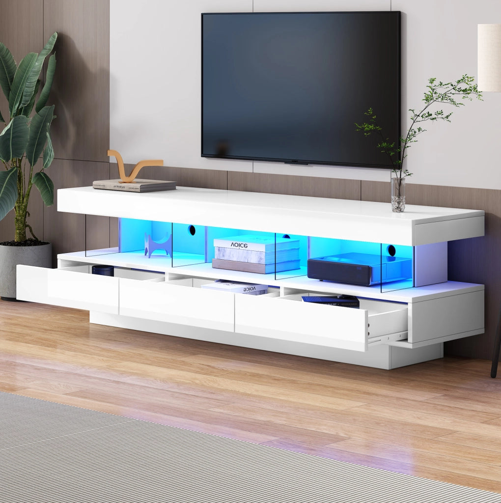 Mobile TV 160x38x50.5 cm con 3 ripiani in vetro e LED controllabile tramite app in truciolato bianco