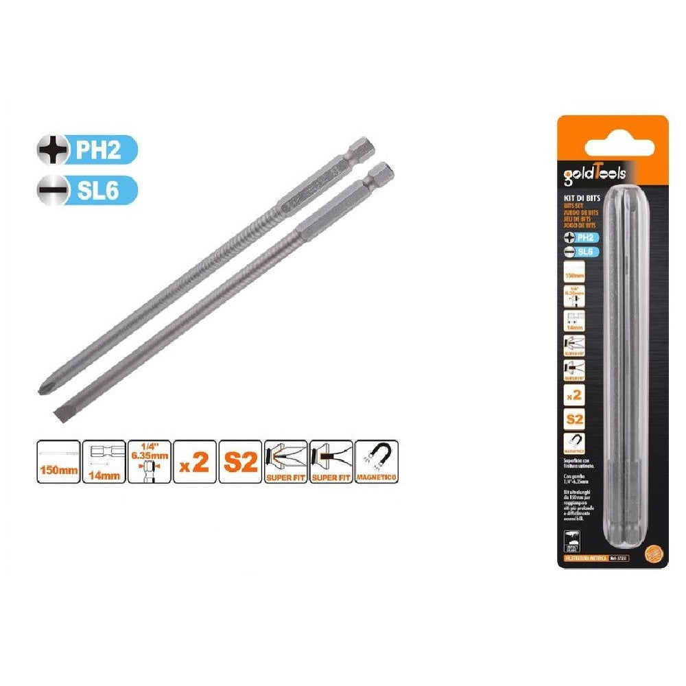 Trade Shop - Kit 2 Bits 150mm Gambo 1/4" 6.35mm Punta S2 Magnetica Croce Ph2 Taglio Sl6 57251 -