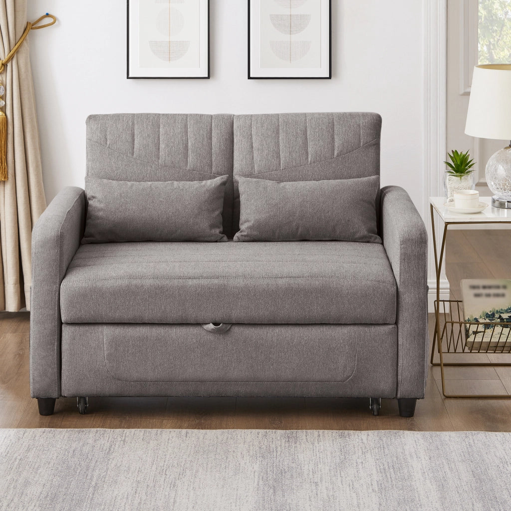 OKWISH Divano Letto 2 Posti, Schienale Regolabile in 3 Posizioni, Design Estraibile con 2 Cuscini, Tessuto Cotone Lino, Grigio