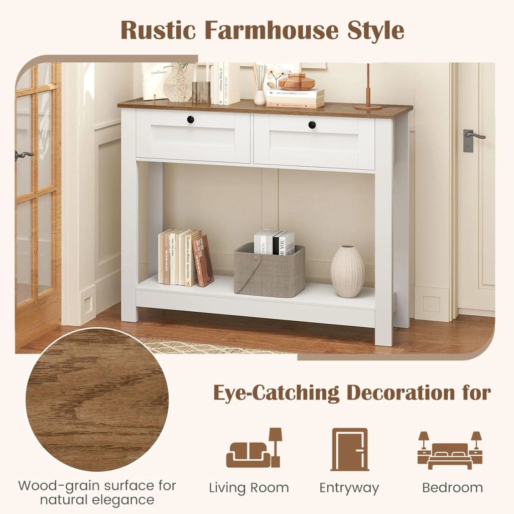 Tavolo consolle in legno a 2 livelli, mobile d'ingresso con 2 cassetti e ripiano inferiore, 106 x 30 x 81,5 cm, stile rustico, tavolino ausiliario stretto per soggiorno, corridoio