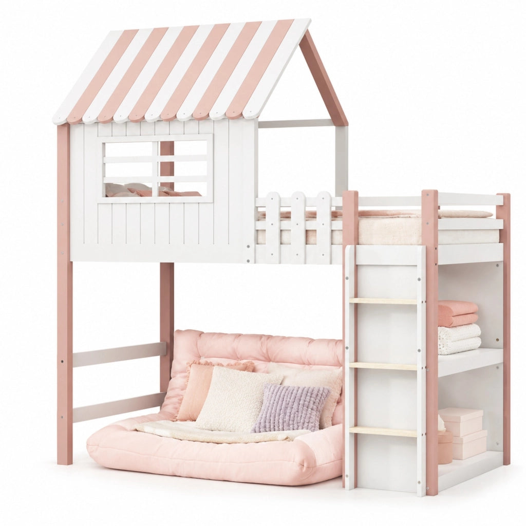 Letto per bambini a casetta 90x200 cm in legno massello; rosa; con scala di sicurezza