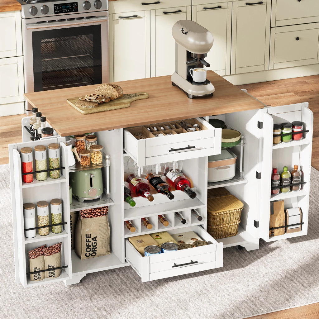 Isola da Cucina Mobile 138x45/70x92 cm Bianca e Legno con Portabottiglie, 2 Cassetti e 5 Ruote