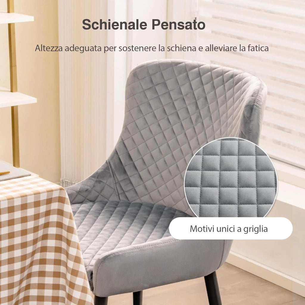 Set di 2 Sedie da Pranzo in Velluto, Sedie Imbottite da Cucina con Gambe in Metallo e Piedini Regolabili, Sedie Senza Braccioli Moderne per Soggiorno Cucina Bar, 60 x 52 x 80 cm, Grigio