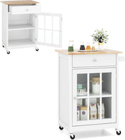 Carrello da cucina con ruote, carrello di servizio con cassetto, porta in vetro temperato, portasciugamani in legno di gomma, tavolo da bar mobile con ripiano regolabile per soggiorno