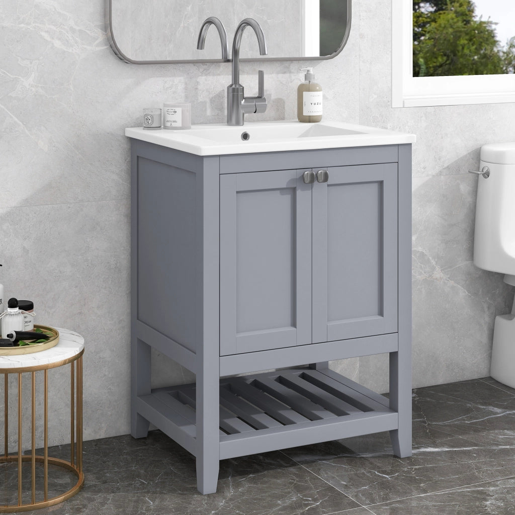 Mobile sottolavabo da bagno con lavabo in ceramica, 1 vano aperto, per bagno, in legno massello e MDF, grigio