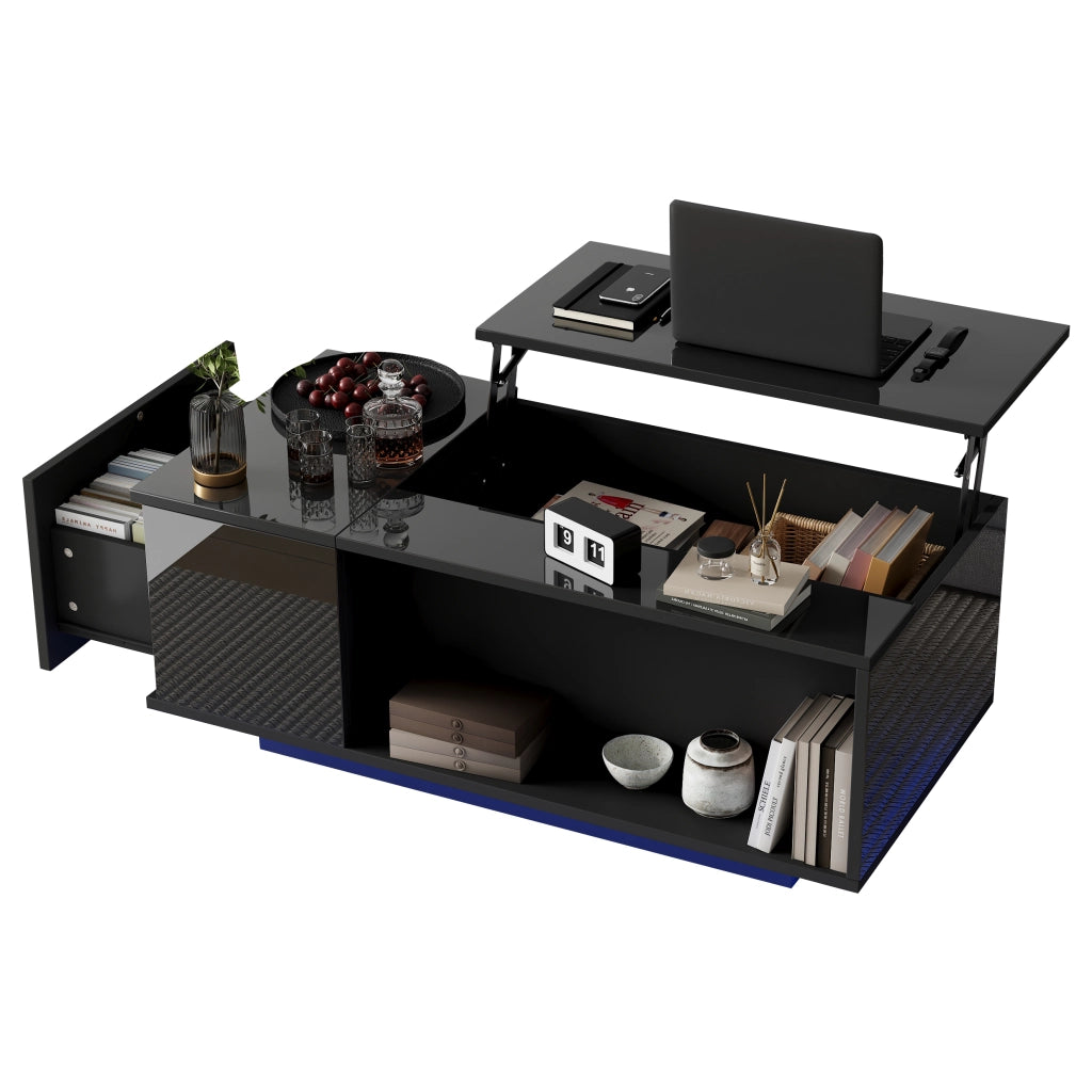Tavolino da Salotto Reclinabile Idraulico con 1 Cassetto; Vano Nascosto e LED Bluetooth; Lucido; in Pannelli di Truciolare; 100×50×40 cm; Nero