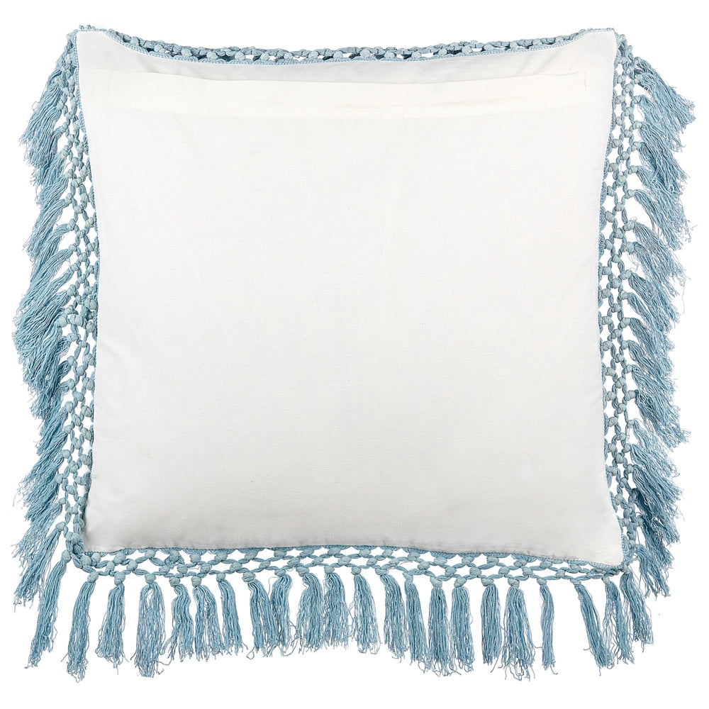 Cuscino decorativo cotone bianco e blu 45 x 45 cm motivo floreale con frange fatto a mano fodera rimovibile con imbottitura stile boho