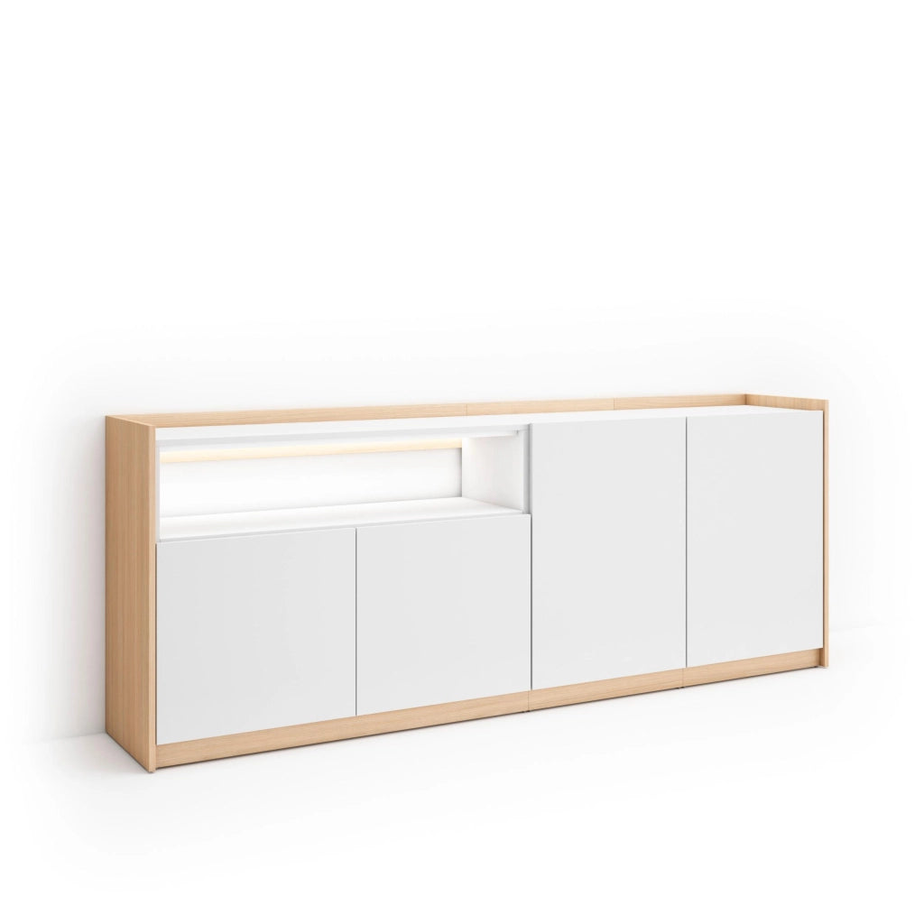 Credenza, Mobile, Cucina, 207x80x37 cm, 4 Porte, LED, Bianco e Rovere soft