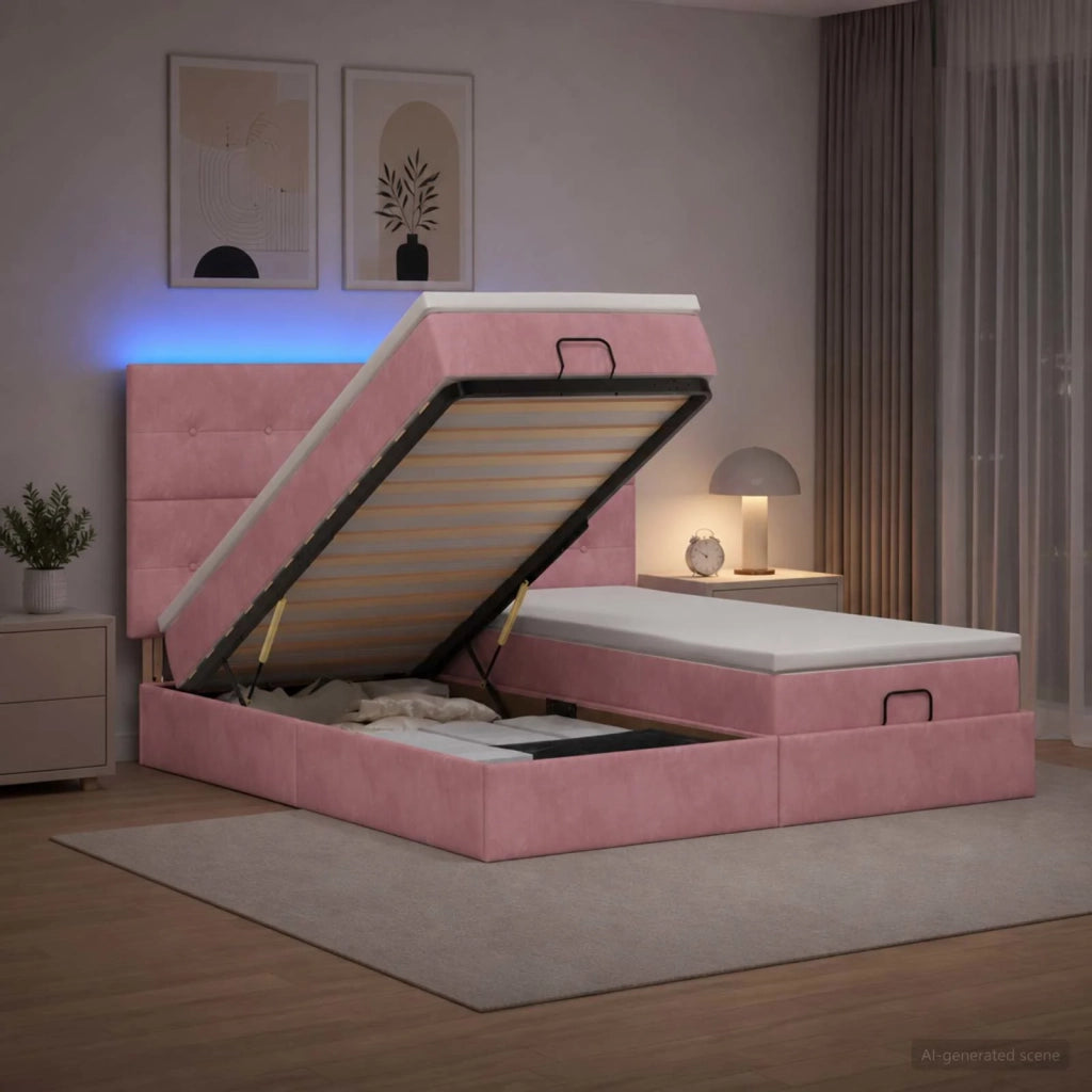 Letto Ottomano con Materasso e LED Rosa 200 x 200 cm Velluto 3458507