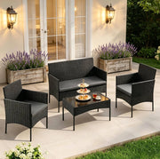 Set da giardino ULEVR 4 pezzi per 4 persone con divano 2 posti, 2 poltrone e tavolino con vetro temperato, nero