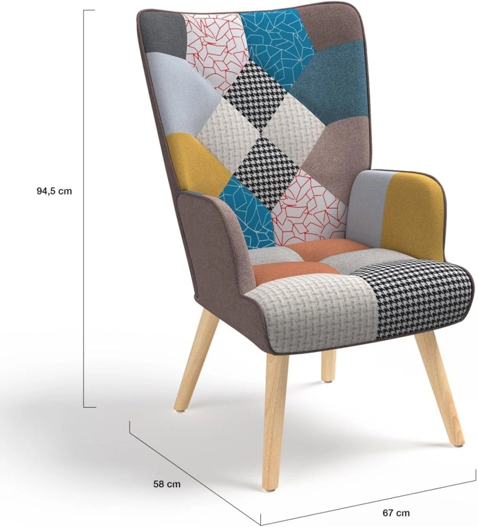 Poltrona scandinava IVAR con poggiapiedi in tessuto patchwork multicolore