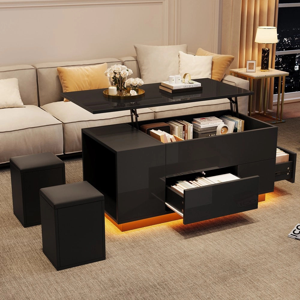 Tavolino da Caff¨¨ 4 in 1 con LED ¨C MINIMAL ¨C Nero, 2 Cassetti, Altezza Regolabile, 100x50x45