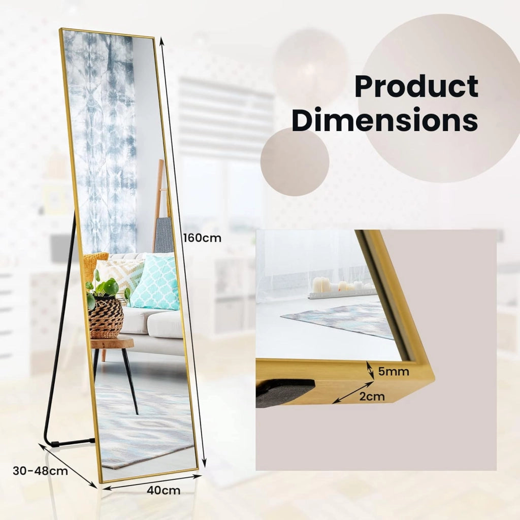 Specchio da Parete Lungo, Specchio da Terra Appendere con Cornice in Lega di Alluminio e Ganci, Per Camera da Letto e Soggiorno, 160 x 40 cm (Oro)