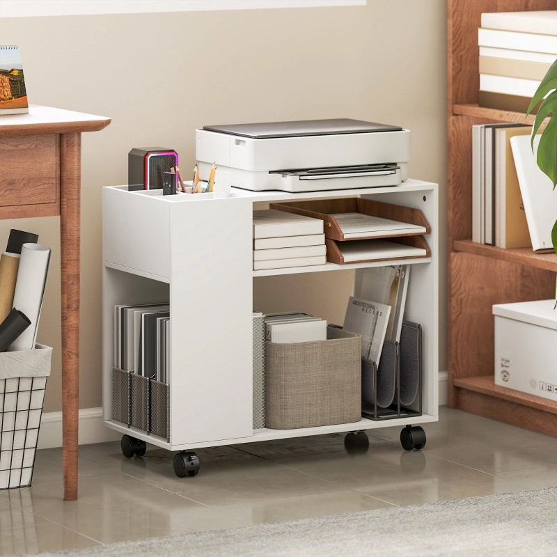 Carrello Porta Stampante Bianco con Ripiani e Vano Divisorio, 70 x 34 x 60 cm