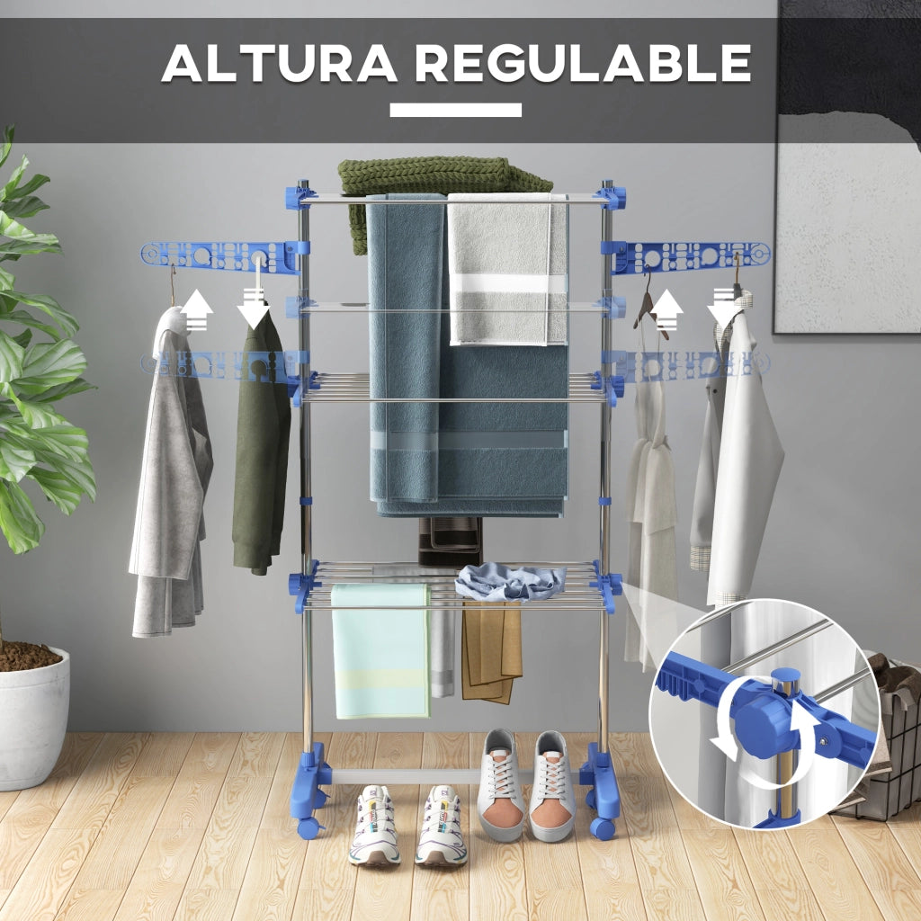 Asciugatoio Verticale a 3 Livelli con 6 Ruote ¨C Zephmum ¨C Acciaio Inox, Blu, 2 Ante Laterali, Ripiani Regolabili