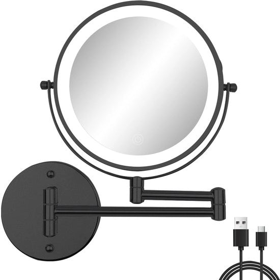 Specchio da trucco a muro caricabile, 8" specchio da trucco a muro 1x/10x, 3 modalità di colore, specchio da trucco a muro con schermo touch e illuminazione, 360° girevole e pieghevole specchio da bagno, nero