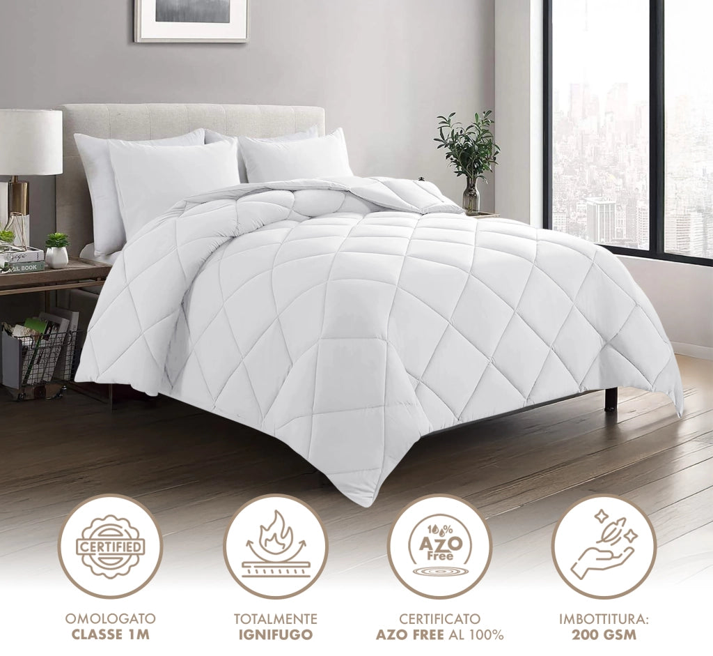 Piumino Letto Bianco Ignifugo Certificato Classe 1IM 100/200/300 Gr Microfibra Anallergica Manopesca Effetto Piuma Prodotto Italiano Hotel Strutture - Piumino 200Gr - Singolo
