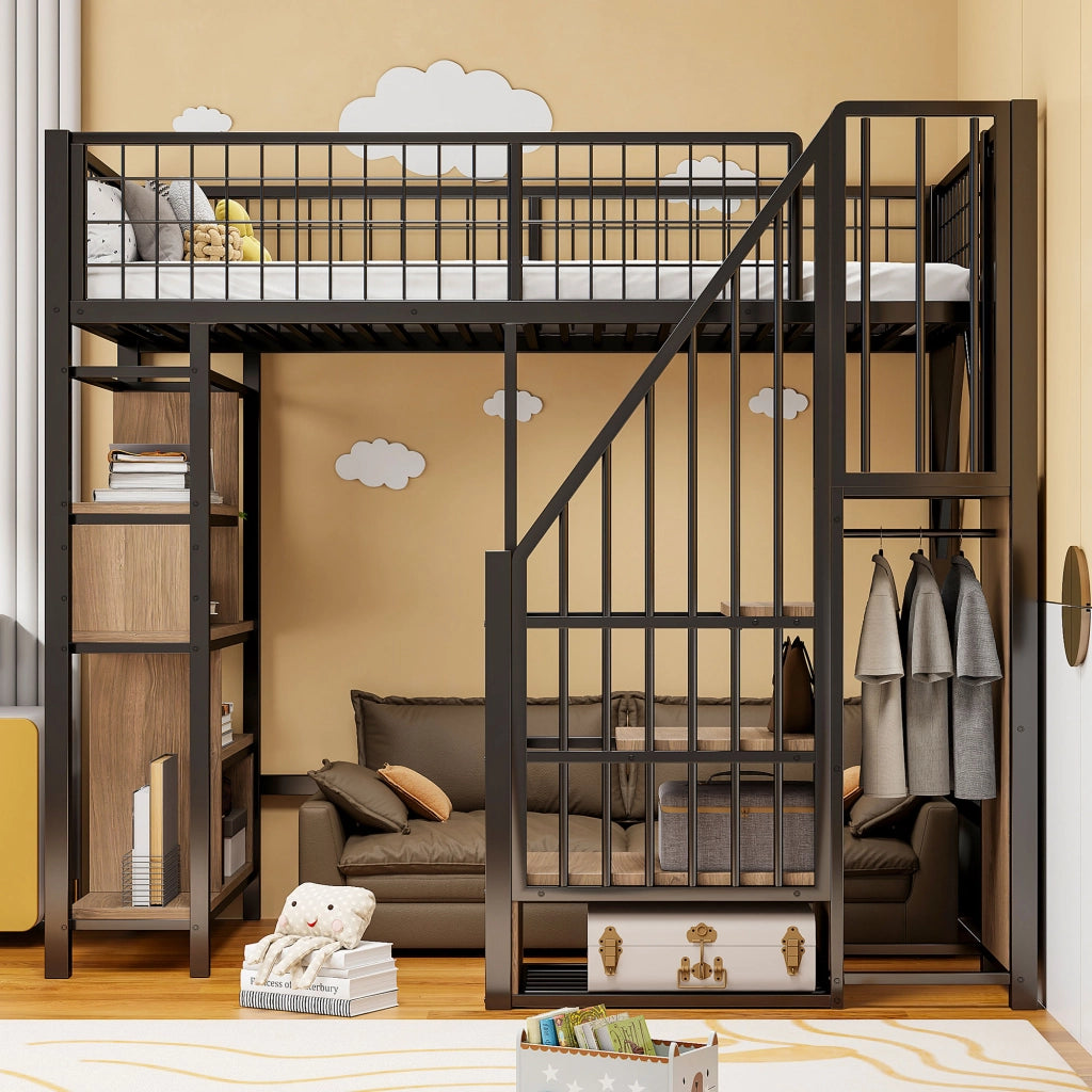 Letto a castello nero in metallo e legno con funzione contenitore 90x200 cm