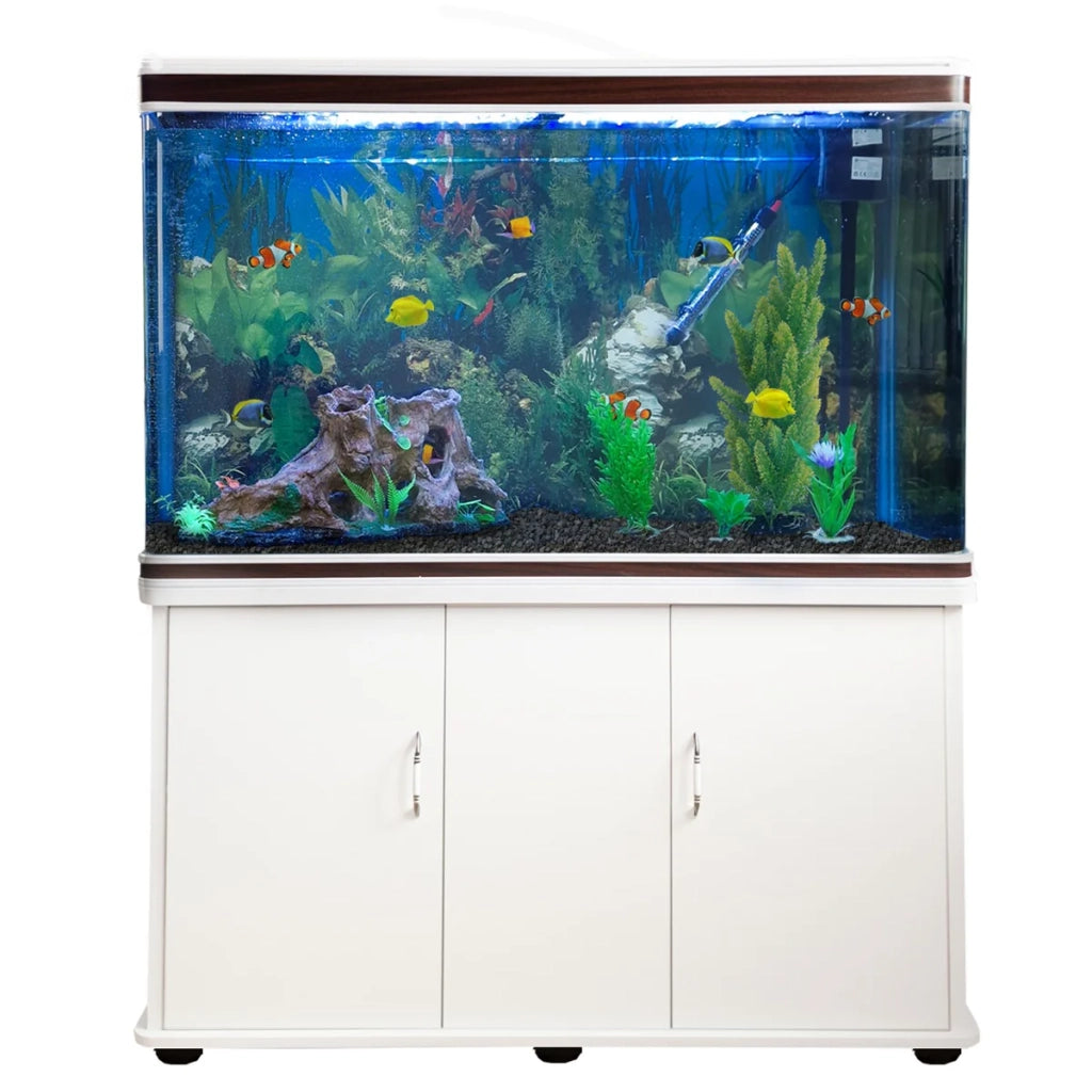 Acquario 300 Litri con Armadietto Bianco e Kit con Fondale, Piante e Ghiaia Nera