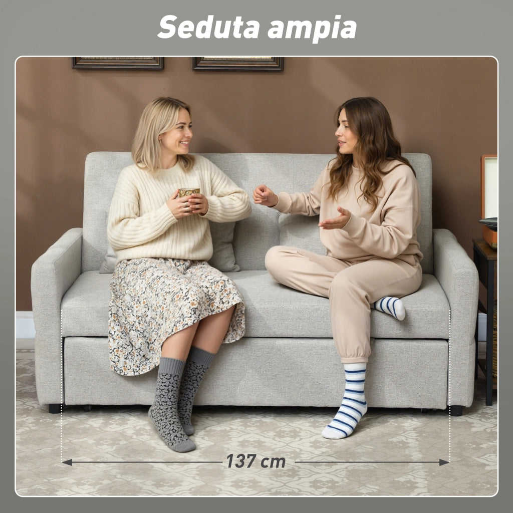 Divano Letto 2 Posti Convertibile Apertura Clic Clac con 2 Cuscini in Tessuto Marrone Chiaro