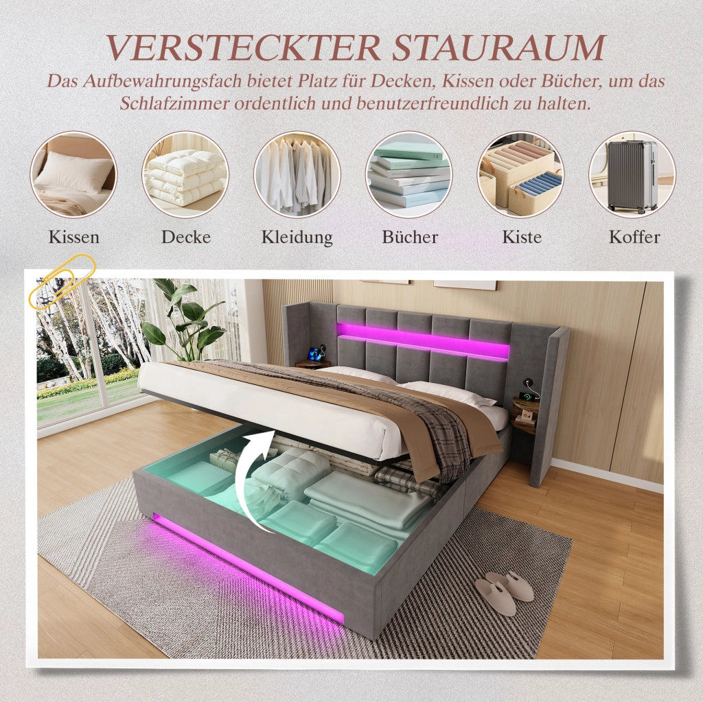 Letto matrimoniale 160x200 cm in velluto grigio scuro con LED e USB