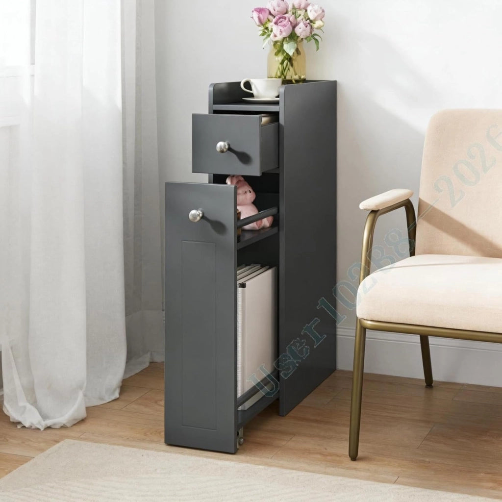 Mobile ausiliario da bagno stretto, armadio sottile per WC con 2 cassetti, 40 x 18 x 70 cm, organizer per bagno, cucina, soggiorno (grigio)