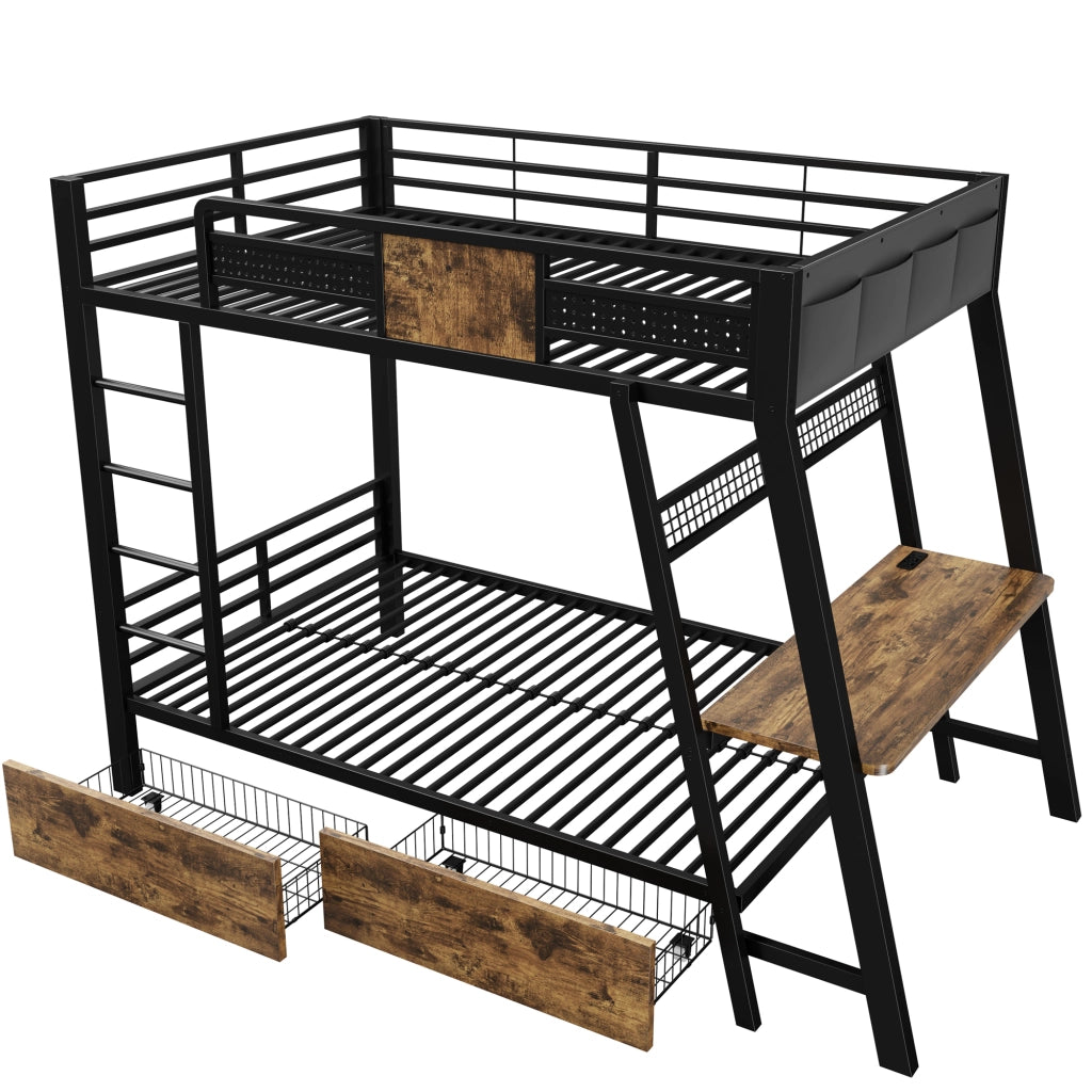 Letto a castello in metallo con scrivania integrata, LED e contenitori, 90x200 cm, nero