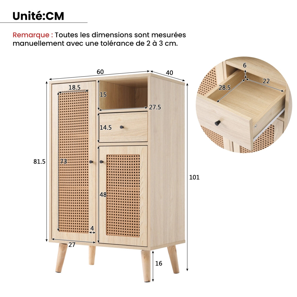 Credenza con 2 Ante in Rattan e 1 Cassetto; Vano a Giorno; Stile Naturale; in Pannello Truciolare; Rovere; 60¡Á40¡Á101 cm