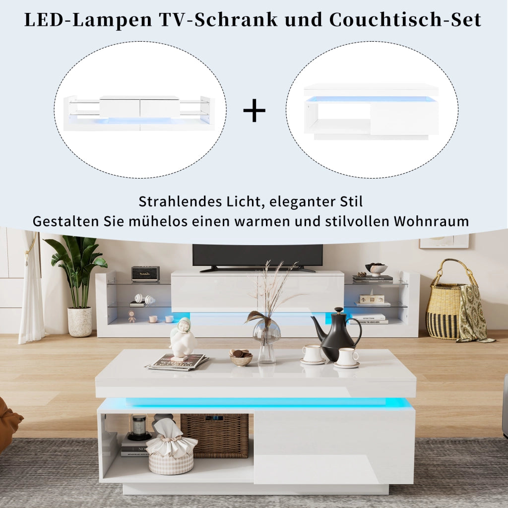 MOBILE TV con Tavolino Bianco Lucido LED Set 2 unità 181x38x38 cm e 100x50x40,3 cm