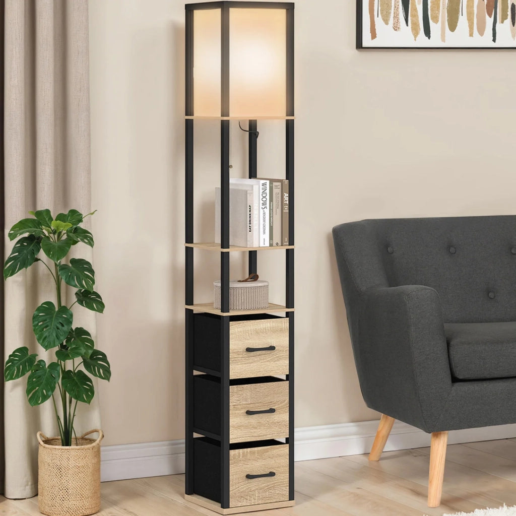IDMarket - Lampada da terra industriale in legno nero con ripiani in legno chiaro, 3 cassetti in tessuto UTAH e paralume quadrato bianco