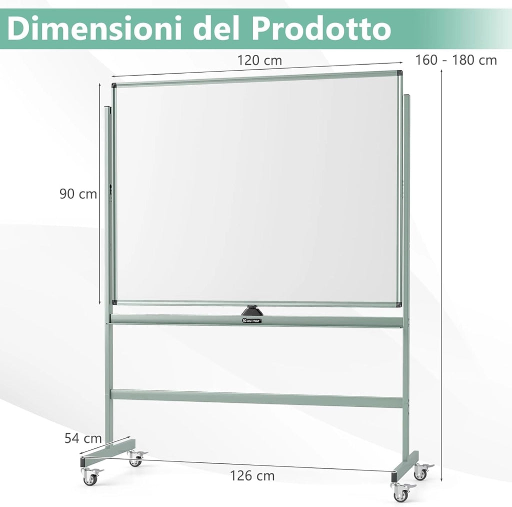 Lavagna Bianca Magnetica Doppia, Lavagna Bianca Regolabile in Altezza e Ruote Bloccabili, 6 Pennarelli, 12 Calamite e 1 Cancellino, Ideale per Scuola, 126 x 53,5 x 160-180 cm (Verde)