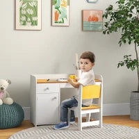 Banco Scuola e Sedia per Bambini da 3-6 Anni con Cassetto e Armadietto in Legno Bianco