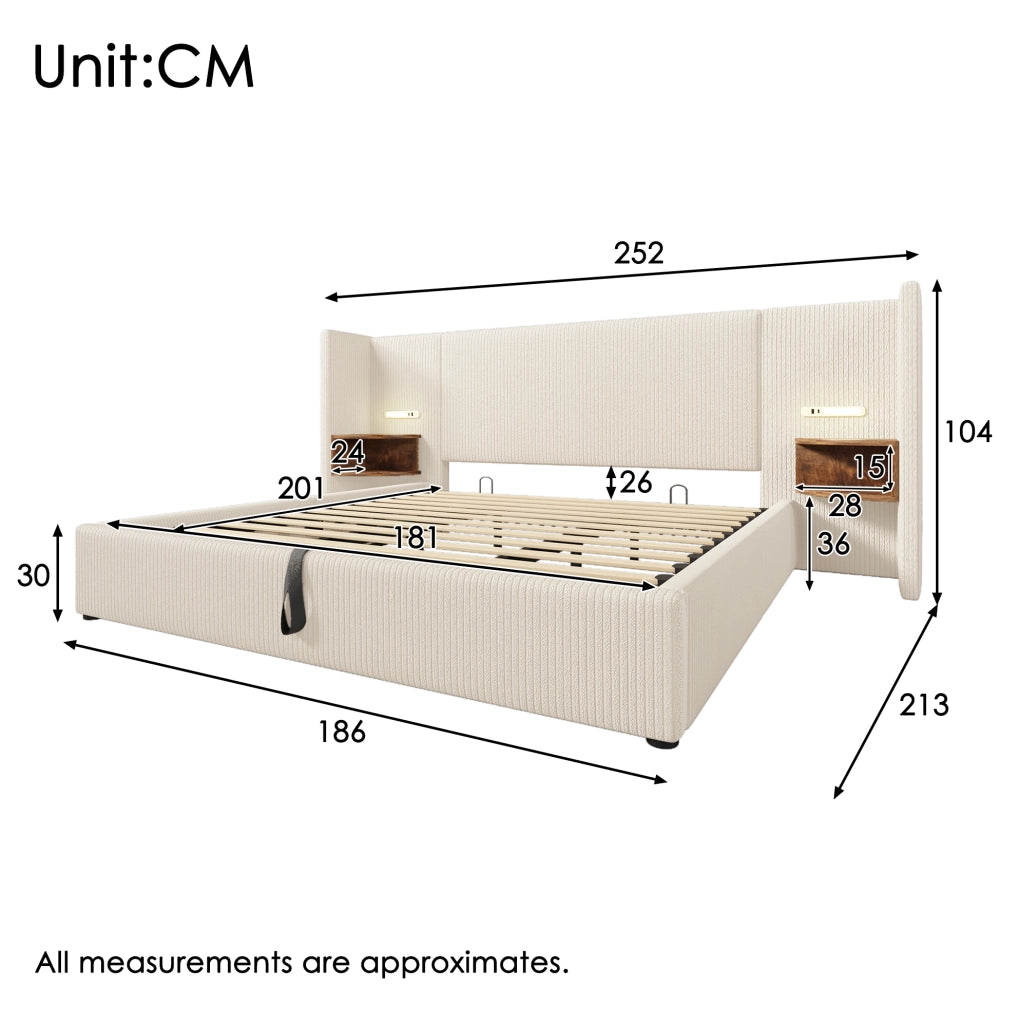 Letto matrimoniale 180x200 cm con contenitore; testiera con mensola e luce LED; tessuto corduroy beige