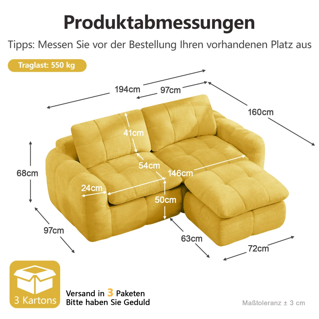 Divano modulare a L 2 posti senza struttura con seduta ergonomica e pouf per salotto e appartamenti in chenille gialla