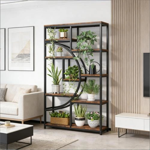 Libreria geometrica con 9 ripiani aperti, struttura in metallo e legno, colore nero e marrone rustico