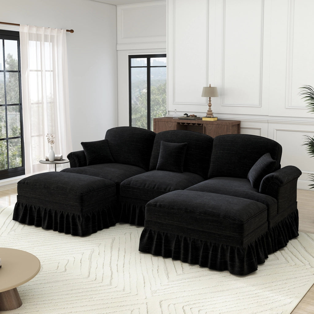 Divano Modulare U a 5 Posti in Chenille con Poggiapiedi ¨C MINIMAL ¨C Nero, Morbido