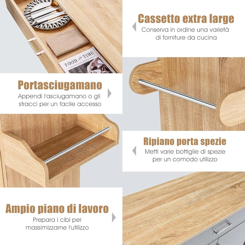 Carrello da Cucina con Ruote di Gomma, Scaffale per Microonde Carrello Servizio, Credenza Cucina Legno Moderno Elegante, 116 x 37 x 85 cm (Naturale)
