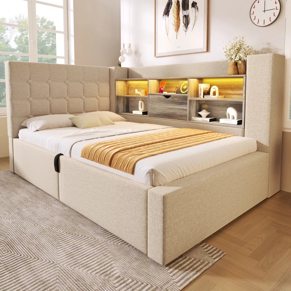 LETTO Singolo 90x200 cm in lino beige con LED, USB e contenitore