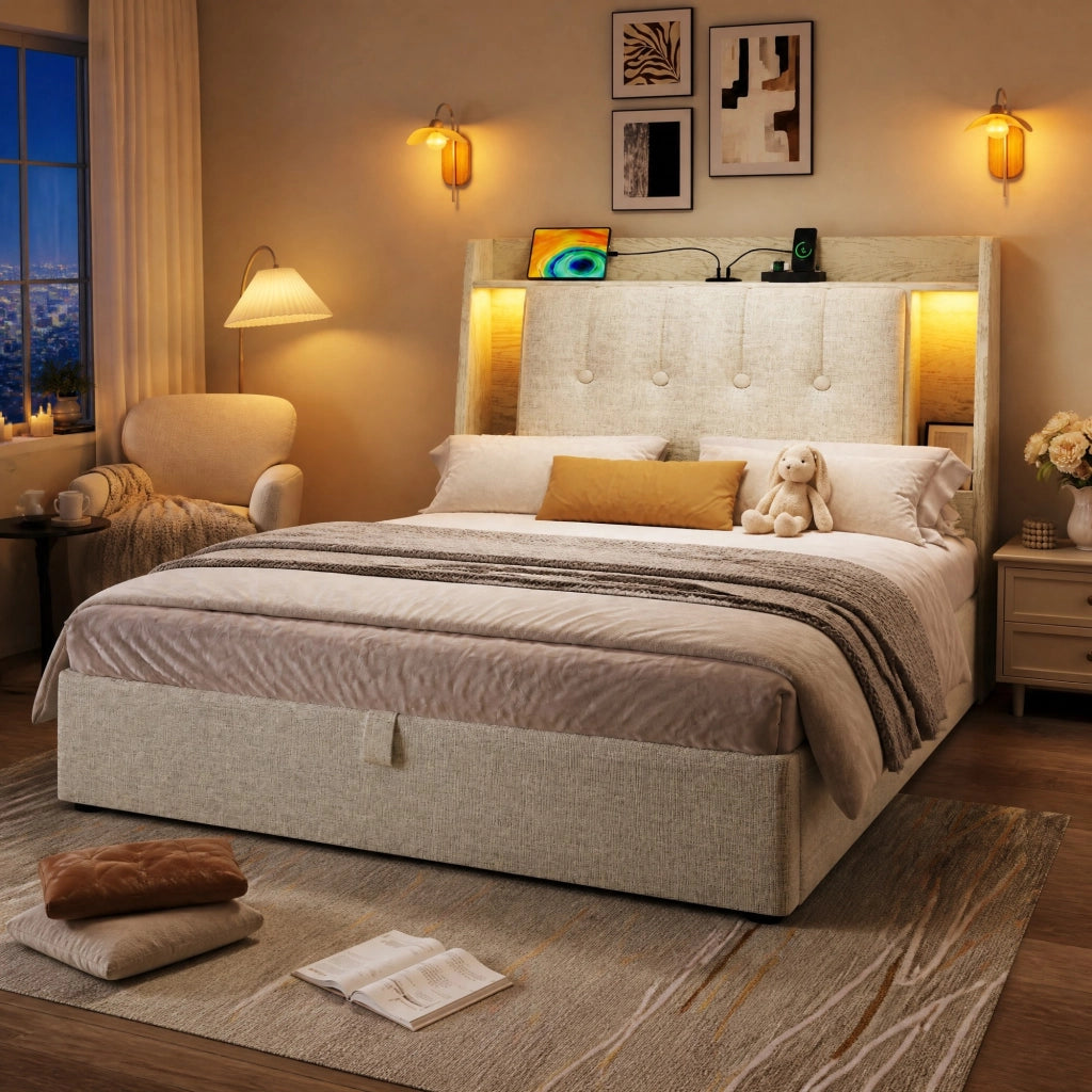 Letto imbottito 90x200 cm con contenitore; USB e USB-C; LED; lino beige