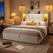 Letto imbottito 90x200 cm con contenitore; USB e USB-C; LED; lino beige