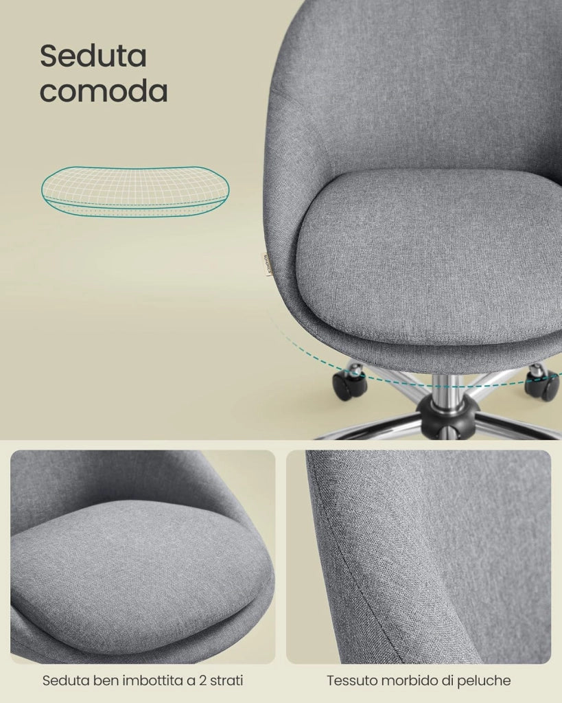 SONGMICS Sedia da Studio, Sedia Girevole di Cotone-lino, Poltrona da Scrivania Imbottita in Gommapiuma Regolabile in Altezza, Studio, Camera da Letto, Grigio Ardesia OBG020G05