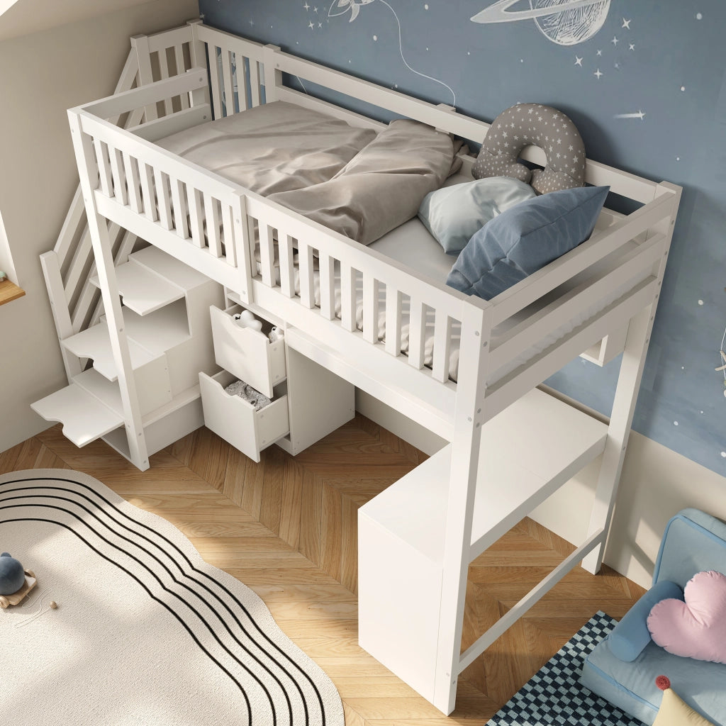 Castello in legno 90x200 bianco scala con armadio scrivania angolare cassetti
