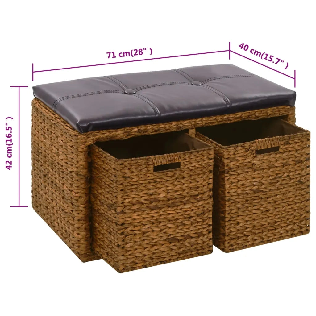 Panca in Giunco con 2 Ceste-Sgabello-Panca con Contenitore 71x40x42 cm Marrone