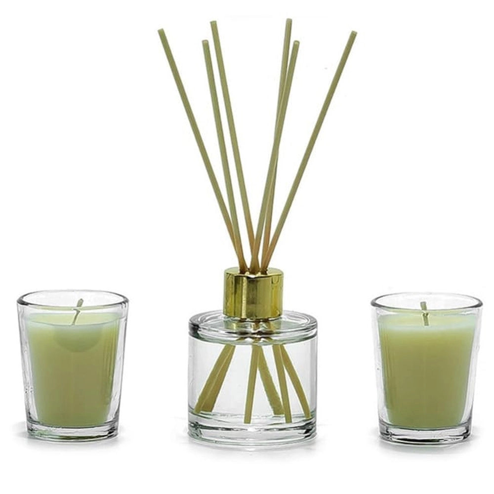 Trade Shop - Set Fragranza Ambiente Diffusore Con 6 Bastoncini 2 Candele Profumate Casa Centrotavola -