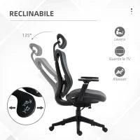 Sedia da Ufficio Reclinabile con Poggiatesta, Supporto Lombare e Altezza Regolabili, Grigio