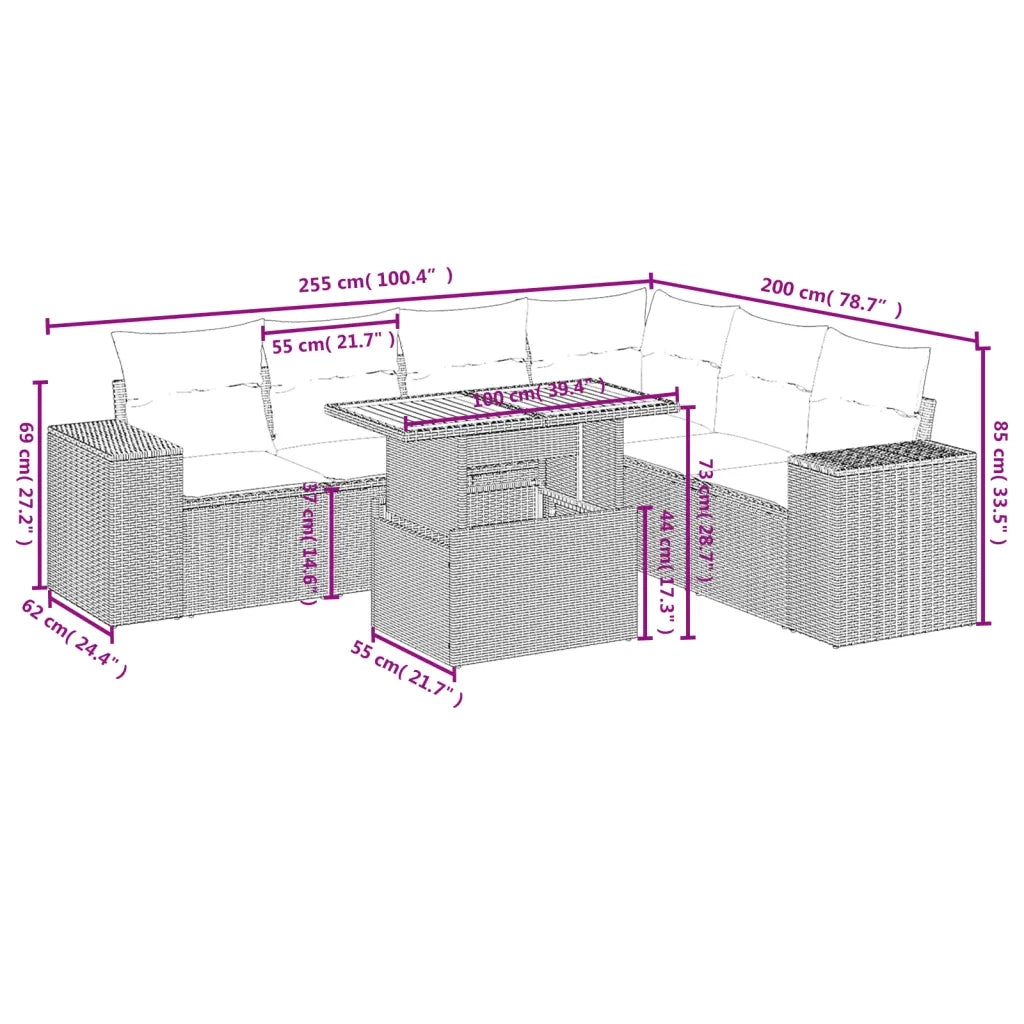 Set Divani da Giardino 7 pz con Cuscini Grigio in Polyrattan